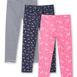 Ariel Cotton Knit Pack Of 3 Striped & Floral Printed Leggings - Black Navy Blue & Pink-picture-28