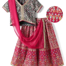 EARTHY TOUCH Woven Half Sleeves Choli Lehenga Set With Dupatta Floral Foil Print & Lace Detailing - Pink & Dark Green image 2
