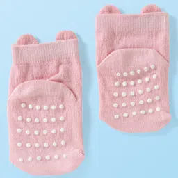 Cute Walk by Babyhug Knit Ankle Length Anti Bacterial Anti Skid Socks with Animal Design Pack of 3 - Grey Pink & Cream image 3