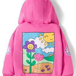 Babyhug Cotton Knit Full Sleeves Front Open Hooded Sweatshirt with Kangaroo Pocket & Back Floral Graphics - Pink image 3