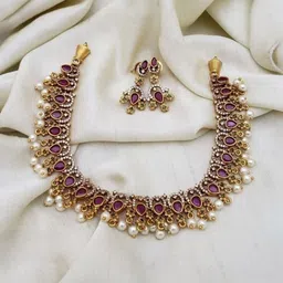 ZQBIEE Gold-Plated American Diamond Studded And Beaded Necklace With Earrings-picture-20