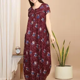 Sweet Dreams Maroon Cotton Print Short sleeve Night Dress-picture-13