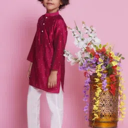 Little Bansi Boys Pink & White Self Design Full Sleeves Kurta with Pyjamas image 4