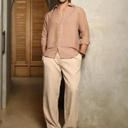 Campus Sutra Brown Poly Spandex Regular Fit Stripes Shirt image 5