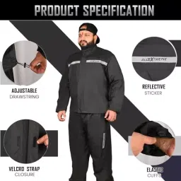 Allextreme Polyester Febric Black & Grey Riding Jacket Raincoat Set Black & Grey for Men's Size XXL for Men's, EX-RJ-BG-2XL image 4