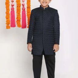 VASTRAMAY Boys Navy & Black Self Full Sleeves Indowestern Sets-picture-11