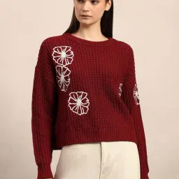 Vero Moda Maroon Regular Fit Embroidered Sweater-image-73