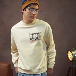 Bewakoof Beige Relaxed Fit Graphic Oversized Sweatshirt-image-22