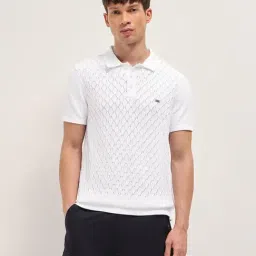 The Bear House White Cotton Woven Design Regular Fit Polo T-Shirt-image-55