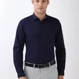Peter England Navy Slim Fit Striped Shirt-image-68