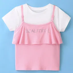 Pine Kids Cotton Beautiful Embellished Top with Half Sleeves Inner Tee - Pink & Snow White-picture-24