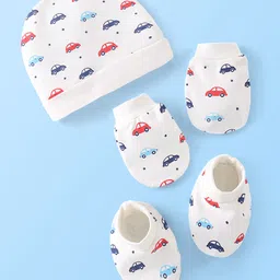 Doodle Poodle 100% Cotton Knit Cap Mittens & Booties Set Car Print Bright White- Diameter 15 cm-picture-23
