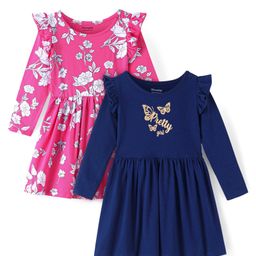 Honeyhap Premium 100% Cotton Knit Full Sleeves Frill Detailed Frocks With Floral & Butterfly Print Pack Of 2 - Pink & Navy-picture-8