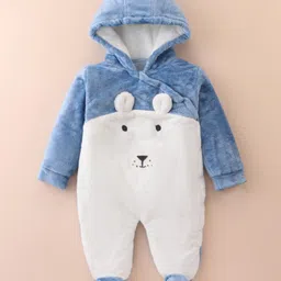Little Kangaroos Fur Knit Full Sleeves Winter Wear Hooded Romper with Bear Patch & Applique - Blue & White image 1