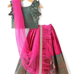 Babyhug Woven Frill Sleeves Brocade Lehenga Choli & Dupatta Set- Dark Pink-picture-23