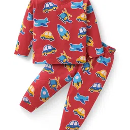 Babyhug Cotton Knit Full Sleeves Aeroplane & Car Printed Night Suit - Red-image-15
