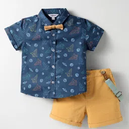ToffyHouse Poplin Woven Half Sleeves Space Theme Printed Shirt & Shorts With Bow & Suspender - Navy Blue & Mustard-picture-37