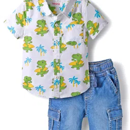 Babyhug Cotton Woven Half Sleeves Shirt & Denim Shorts Set With Dino Print - White & Blue-picture-22
