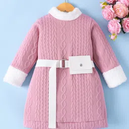 Mark & Mia Full Sleeves Winter Frock with Cable Knit Design & Pouch Attached Belt - Pink-picture-37