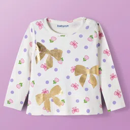 Babyoye 100% Cotton Knit Eco Jiva Finish Full Sleeves T-Shirt With Bow & Polka Dot - White-picture-24