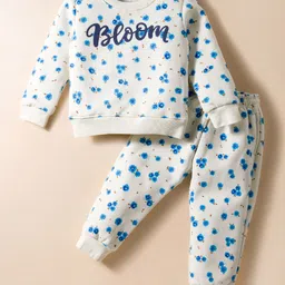 Smarty Girls Fleece Knit Full Sleeves Winter Wear Suit Set With Floral Print - White-picture-10