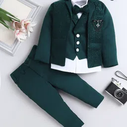 Fourfolds Jacquard Woven Full Sleeves Floral Textured 3 Piece Party Suit With Bow Set - Teal-picture-19