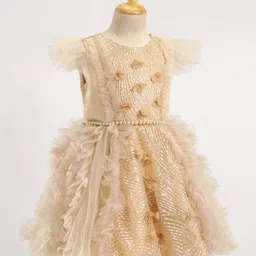 Mark & Mia Sleeveless Party Frock  with Floral Applique & Frill Detailing - Gold image 5