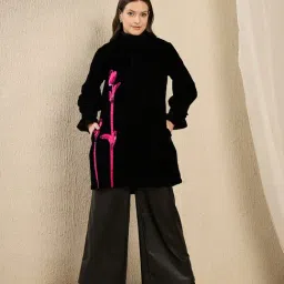 First Resort By Ramola Bachchan Black And Pink Applique Embroidered Relaxed Fit Jacket-picture-4