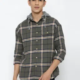 American Eagle Green Cotton Regular Fit Checks Hooded Shirt-image-36