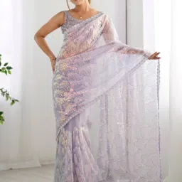 Saree Mall Lavendar Net Embellished Saree with Blouse Piece image 5