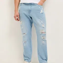 The Bear House Blue Cotton Relaxed Fit Distressed Jeans-picture-30