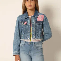 VERO MODA GIRL Blue Cotton Embroidered Full Sleeves Jacket-picture-24