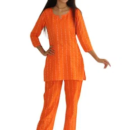 PUSHPRAJ FASHION Women's Cotton Round Neck 3/4 Sleeves Striped Pattern Printed Kurta Set (Orange -2XL) image 4