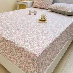 JC HOME White & Pink Floral 140 TC Fitted Double Queen Bedsheet Set - 1.50 m x 2 m image 3