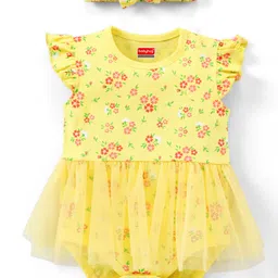 Babyhug 100% Cotton Knit Frill Sleeves Frock Style Onesie with Headband Floral Print - Yellow-picture-16