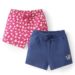 Babyhug Single Jersey Cotton Knit Mid Thigh Length Heart Print Shorts with Bow Applique Pack of 2 - Pink & Navy-picture-29