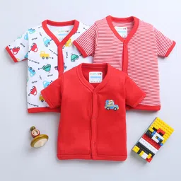 BUMZEE Pack Of 3 Half Sleeves Striped & Vehicles Printed Jhablas - Red & White image 1