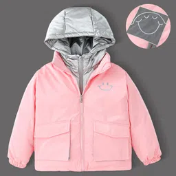 Kookie Kids Full Sleeves Front Open Padded Hooded Jacket With Smiley Embroidery - Pink-picture-11