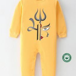 BLUSHES Navaratri Theme 100% Cotton Full Sleeves Maa Text With Trident Printed Romper - Yellow-picture-26