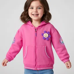 Babyhug Cotton Knit Full Sleeves Front Open Hooded Sweatshirt with Kangaroo Pocket & Back Floral Graphics - Pink-picture-28