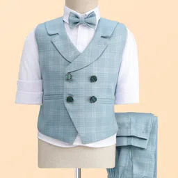 Rikidoos Full Sleeves Checked 3 Piece Party Suit With Bow Set - Sky Blue & White-picture-11