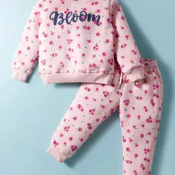 Smarty Girls Fleece Knit Full Sleeves Winter Wear Suit Set With Floral Print - Pink image 1