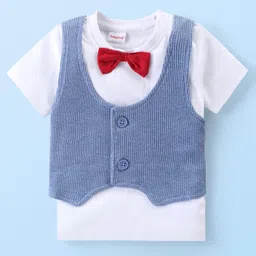 Babyhug Single Jersey Knit Half Sleeves T-Shirt With Attached Jacket & Shorts Set - White & Light Blue image 2
