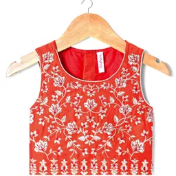 Babyhug Woven Sleeveless FloralEmbroidered Choli Lehenga & Dupatta Set with Tassle Detailing & Foil Print - Orange image 2