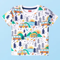 Babyhug Single Jersey Knit Half Sleeves Camping Printed T-Shirt & Shorts Set - White & Blue image 2