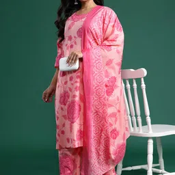 Indo Era Floral Print Pure Cotton Kurta with Trousers & Dupatta-image-8
