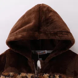 Kookie Kids Full Sleeves Hooded  Winter Fur Jacket with Leopard Theme Design - Brown image 3
