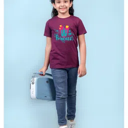 NUSYL Cotton Blend Half Sleeves Princess Text Printed Tee - Wine image 4