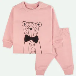 Ariel Pure Cotton Full Sleeves Teddy Bear Printed Tee & Joggers Set - Pink image 4
