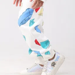 Anthrilo Fleece Knit Building Blocks Printed Winter Joggers - Off White image 4